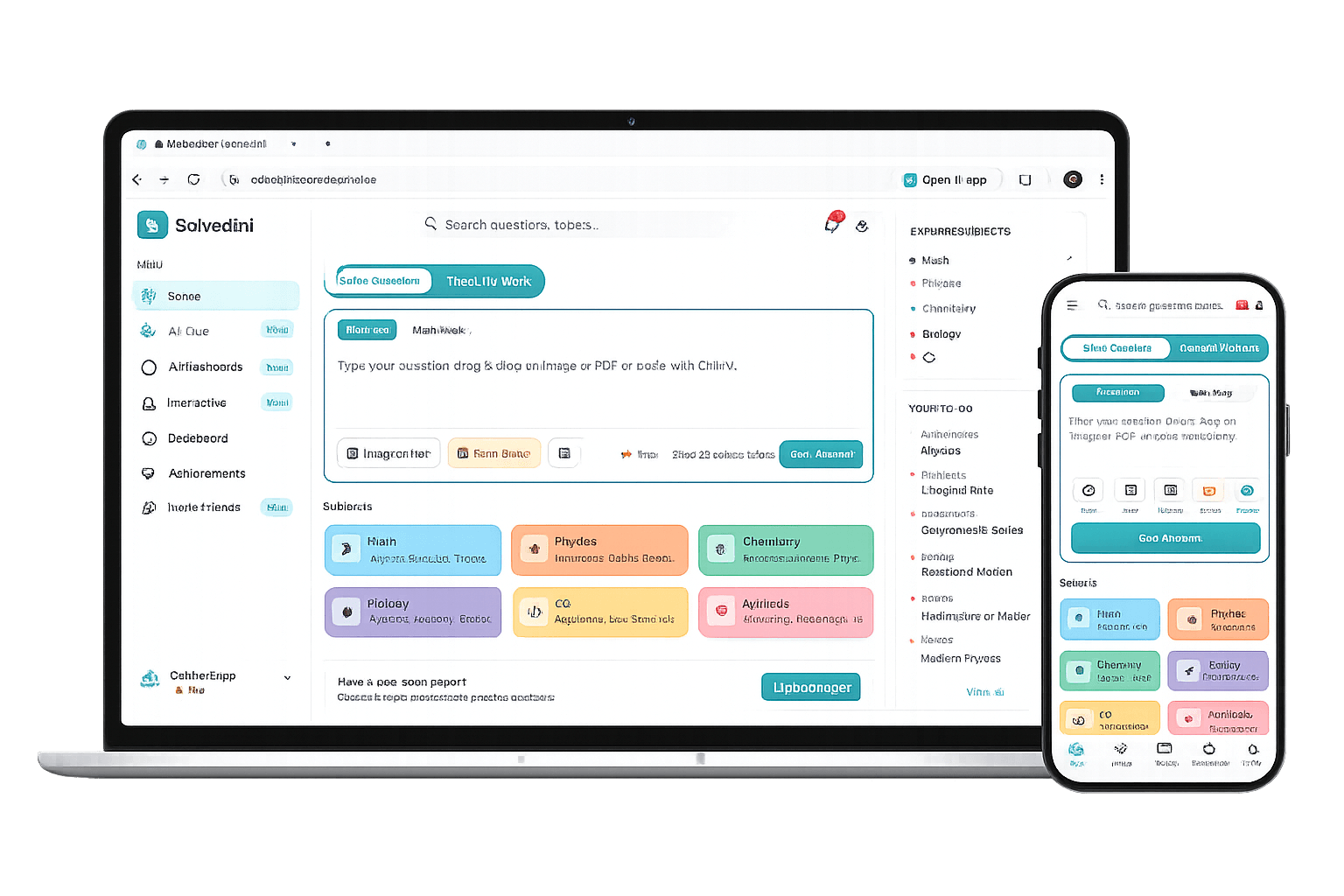 SolveGini app shown on laptop and phone — solve interface with subject cards